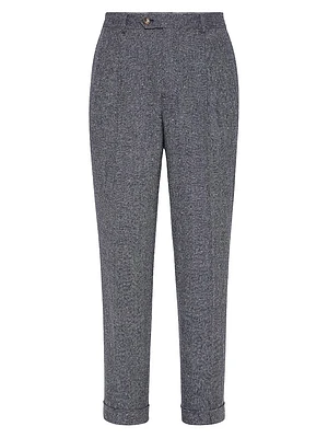 Wool and Cashmere Flecked Chevron Leisure Fit Trousers with Pleat