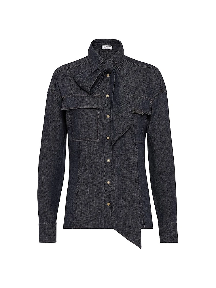 Lightweight No Fade Denim Pussybow Shirt