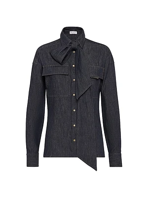 Lightweight No Fade Denim Pussybow Shirt