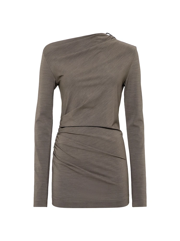 Techno Wool Jersey Long Sleeve Ruched T-Shirt with Shiny Detail