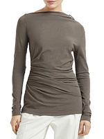 Techno Wool Jersey Long Sleeve Ruched T-Shirt with Shiny Detail