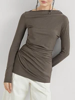 Techno Wool Jersey Long Sleeve Ruched T-Shirt with Shiny Detail