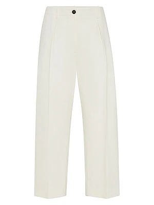 Dyed Cotton and Wool Wrinkled Denim Pleated Chino Trousers