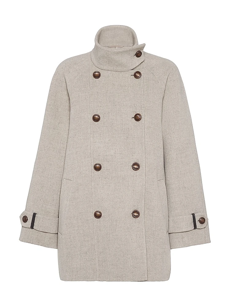 Hand Crafted Pea Coat Virgin Wool and Cashmere Double Cloth with Shiny Cuff Details