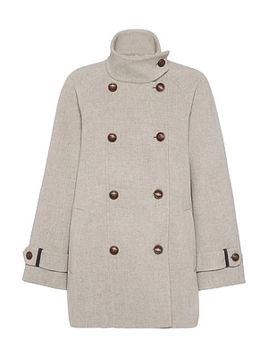 Hand Crafted Pea Coat Virgin Wool and Cashmere Double Cloth with Shiny Cuff Details