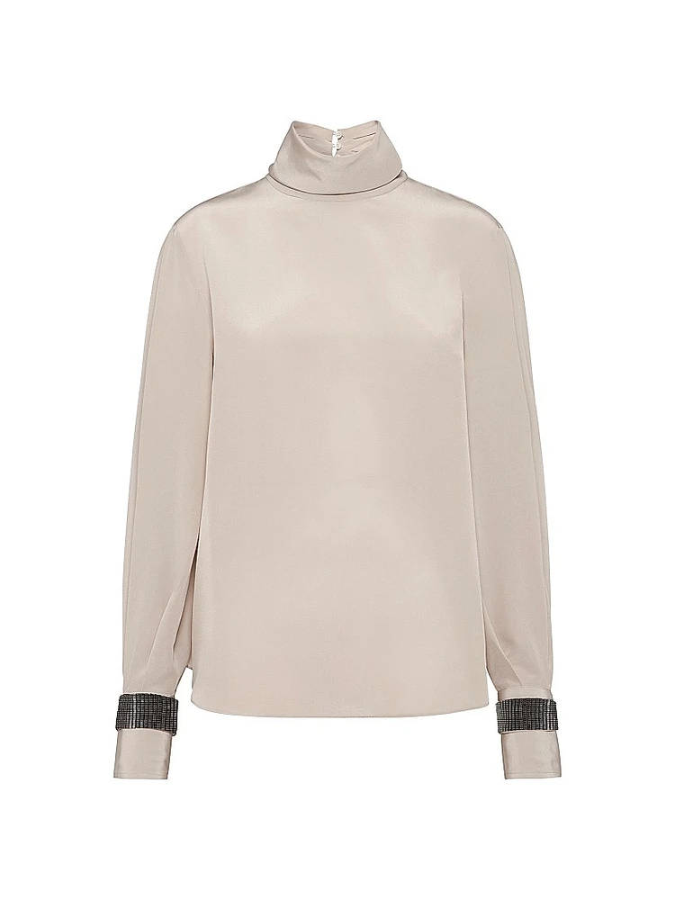 Silk Crêpe De Chine Turtleneck T-Shirt with Precious Bracelets