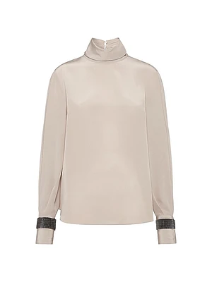Silk Crêpe De Chine Turtleneck T-Shirt with Precious Bracelets
