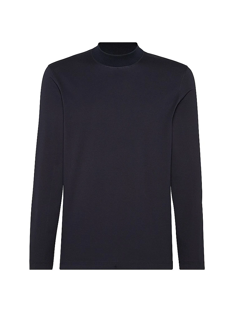 Cotton Jersey Mock Neck Long Sleeve T-Shirt