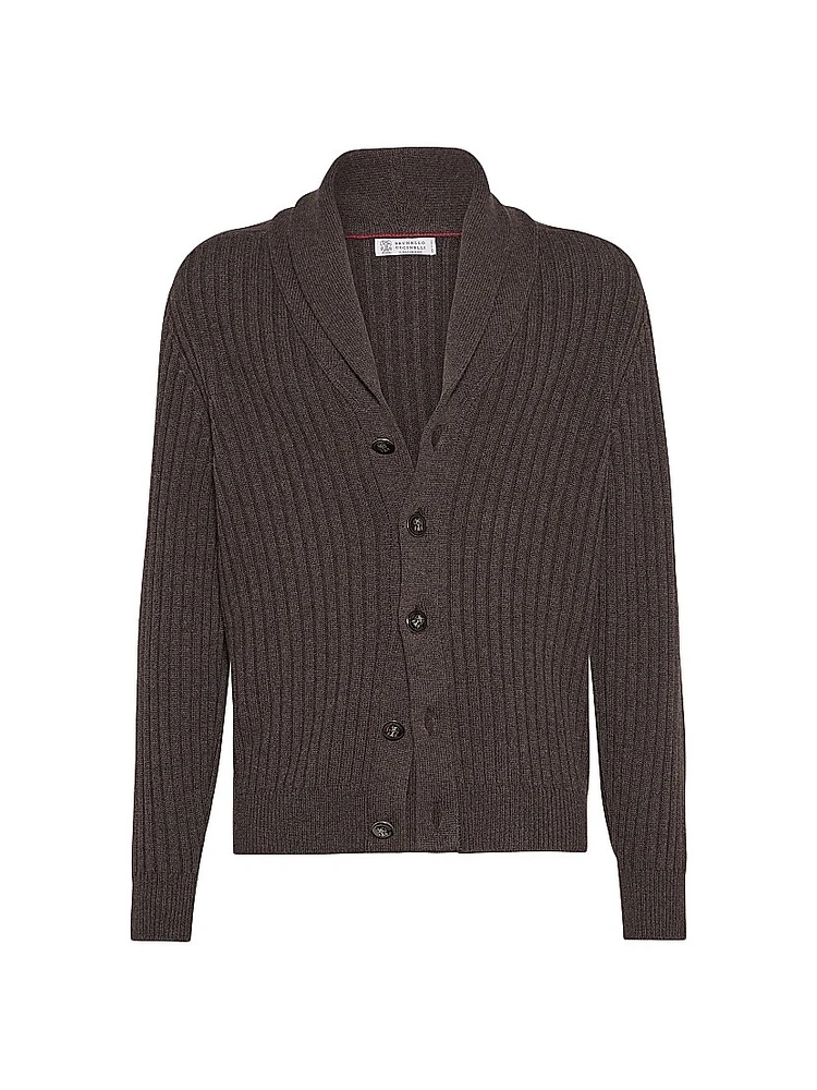 Cashmere Flat Rib Cardigan with Metal Buttons