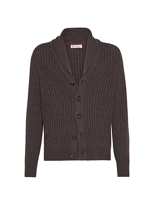 Cashmere Flat Rib Cardigan with Metal Buttons