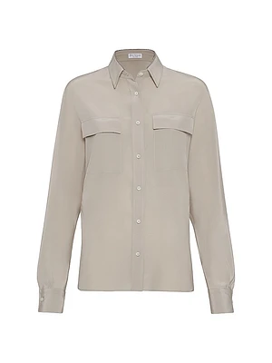 Silk Crêpe De Chine Shirt with Shiny Collar Detail