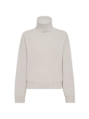 Virgin Wool Cashmere and Silk English Rib Turtleneck Sweater