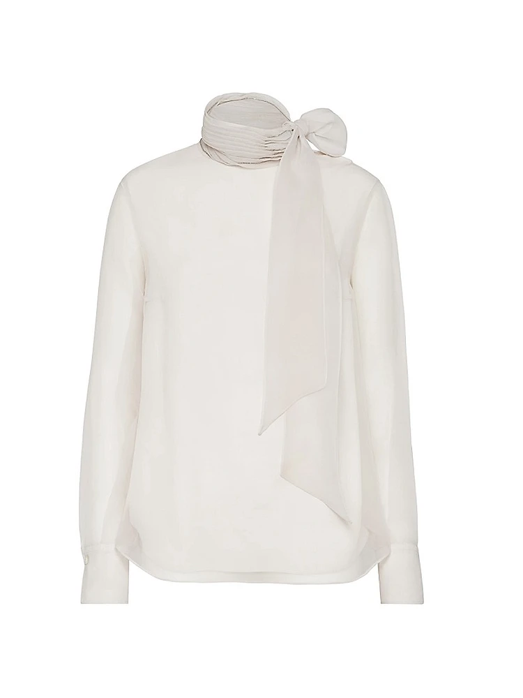 Crispy Silk Pussybow Blouse with Monili