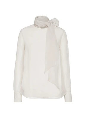 Crispy Silk Pussybow Blouse with Monili