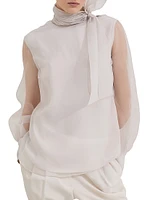 Crispy Silk Pussybow Blouse with Monili
