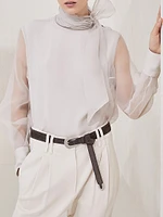 Crispy Silk Pussybow Blouse with Monili