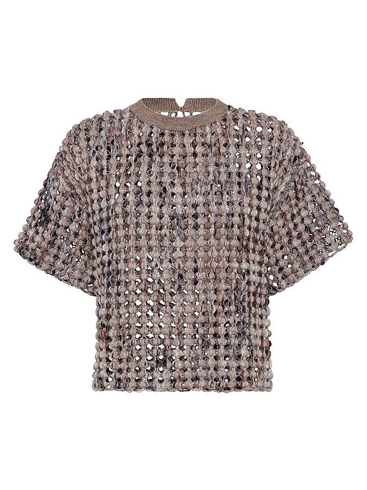 Virgin Wool Cashmere and Mohair Balloon Net Embroidery Knit T-Shirt