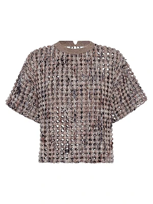 Virgin Wool Cashmere and Mohair Balloon Net Embroidery Knit T-Shirt