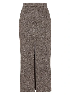 Virgin Wool and Silk Mélange Diagonal Sartorial Pencil Skirt with Monili