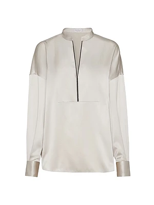 Stretch Silk Satin Blouse with Shiny Plastron