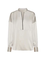 Stretch Silk Satin Blouse with Shiny Plastron