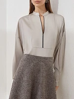 Stretch Silk Satin Blouse with Shiny Plastron