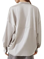 Stretch Silk Satin Blouse with Shiny Plastron