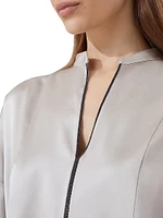 Stretch Silk Satin Blouse with Shiny Plastron