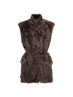 Wavy Shearling Vest with Leather Belt and Monili