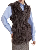 Wavy Shearling Vest with Leather Belt and Monili