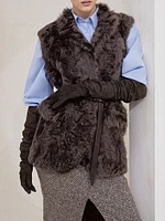 Wavy Shearling Vest with Leather Belt and Monili