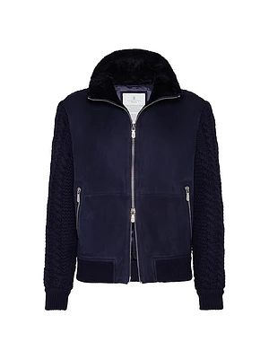Suede Shearling and Cashmere Knit Bomber Jacket with Thermore® Padding