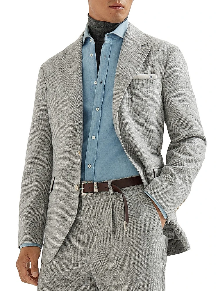 Silk Blend Flecked Prince of Wales Flannel Deconstructed Blazer
