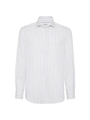 Textured Striped Cotton Easy Fit Shirt with Spread Collar