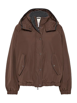 Techno Cotton Water Resistant Taffeta Cropped Down Jacket with Detachable Hood and Shiny Zipper Pull