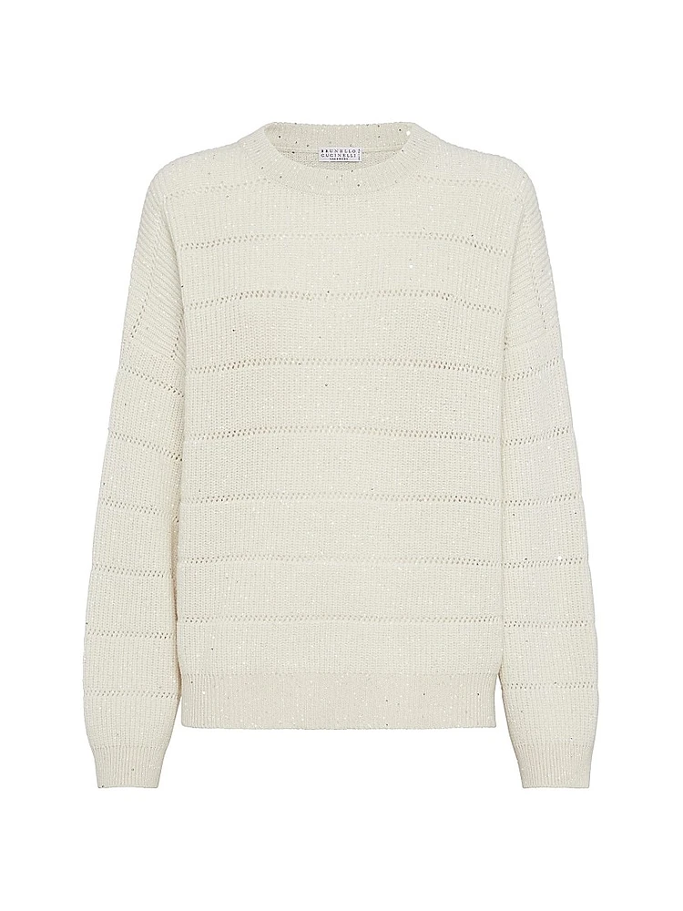 Dazzling Cashmere and Wool Ribbed Sweater with Openwork Stripe