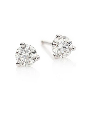 Diamond & 18K White Gold Three-Prong Stud Earrings