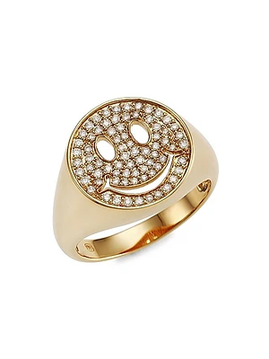 14K Yellow Gold & Diamond Happy Face Signet Ring