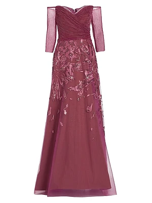 Metallic Embroidered Tulle Gown