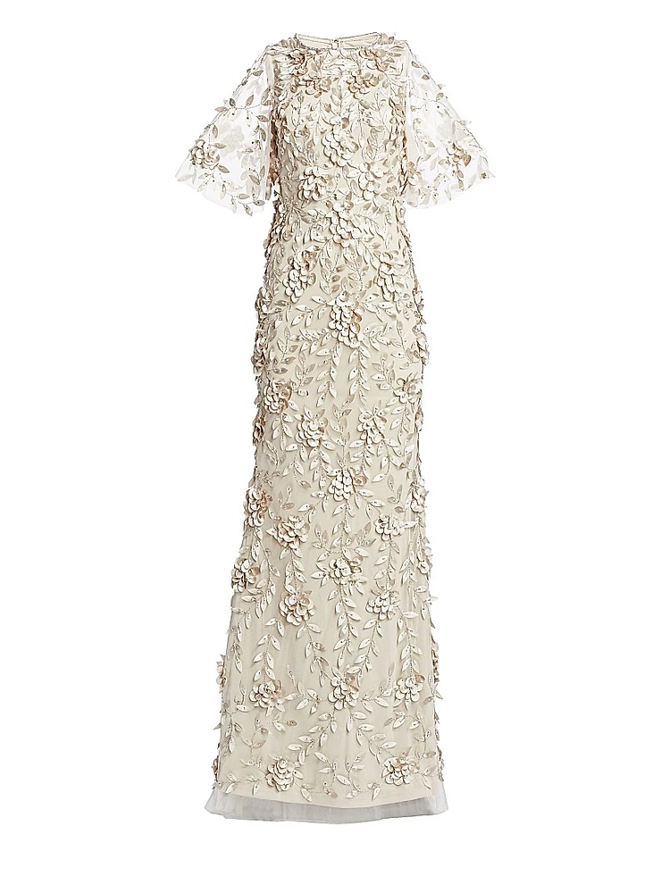 Embellished Flutter-Sleeve Tulle Gown