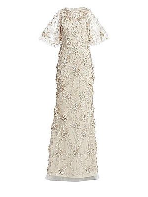 Embellished Flutter-Sleeve Tulle Gown