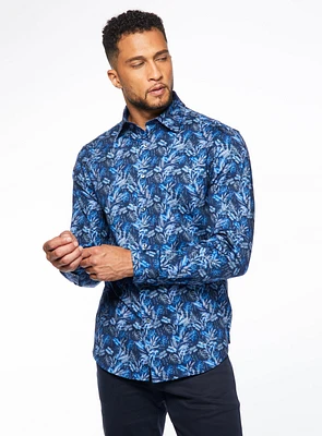Chemise extensible bleue à imprimé de fougères