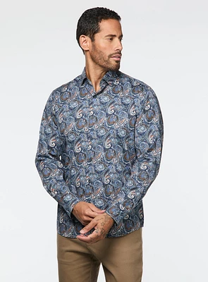 Chemise satinée bleue à motif paisley