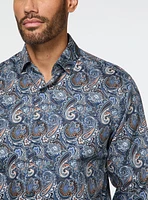 Chemise satinée bleue à motif paisley