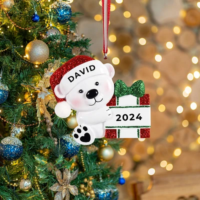 Baby Bear Hold Present Ornament