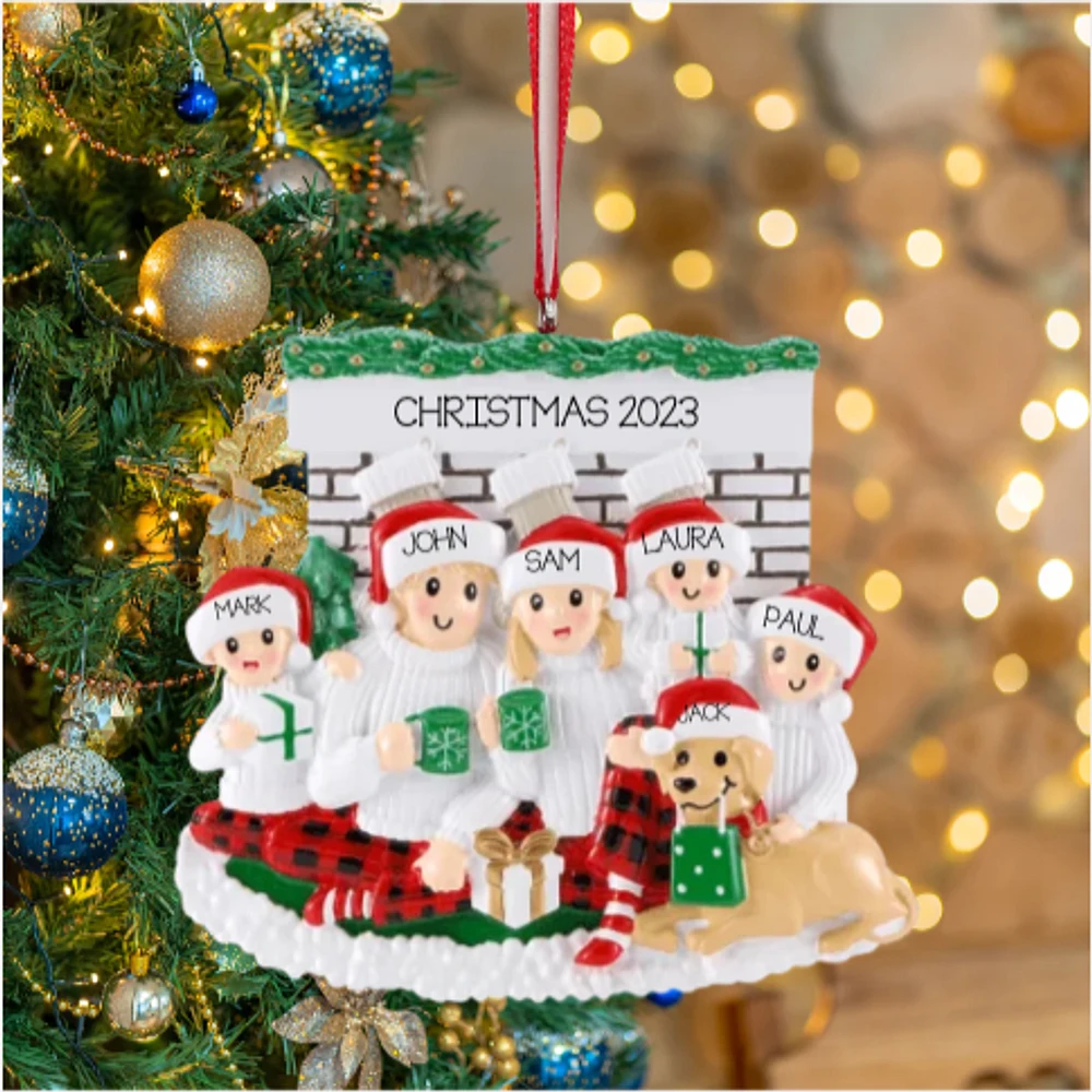 Fireplace Family of 5 with Dog Ornament