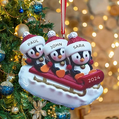 Penguin Family of 3 on Sleigh Ornament