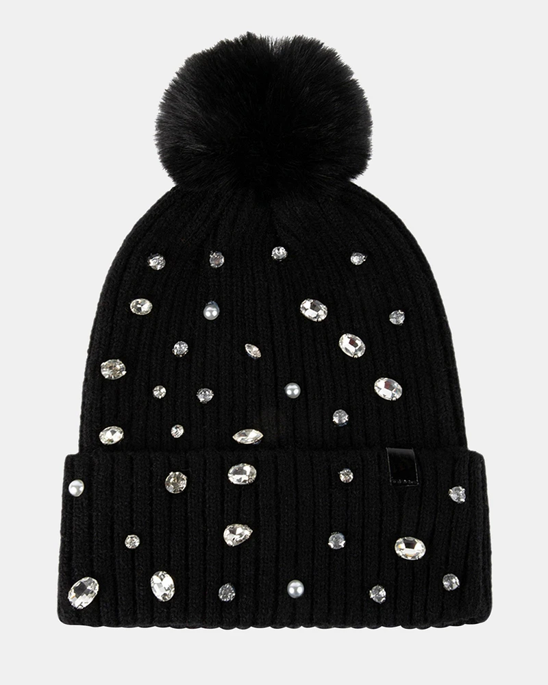 RHINESTONE RIB POM BEANIE BLACK