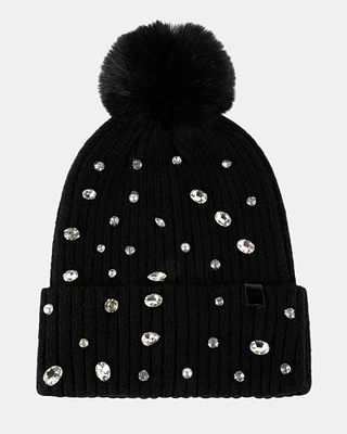 RHINESTONE RIB POM BEANIE BLACK