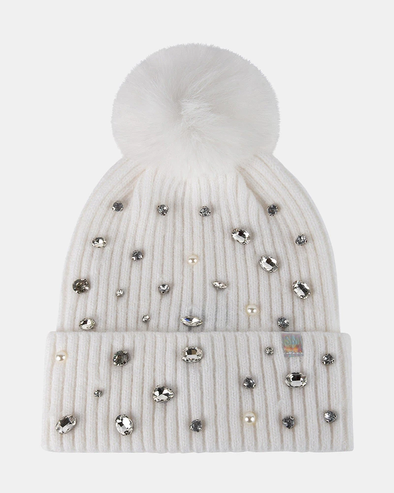 RHINESTONE RIB POM BEANIE NATURAL